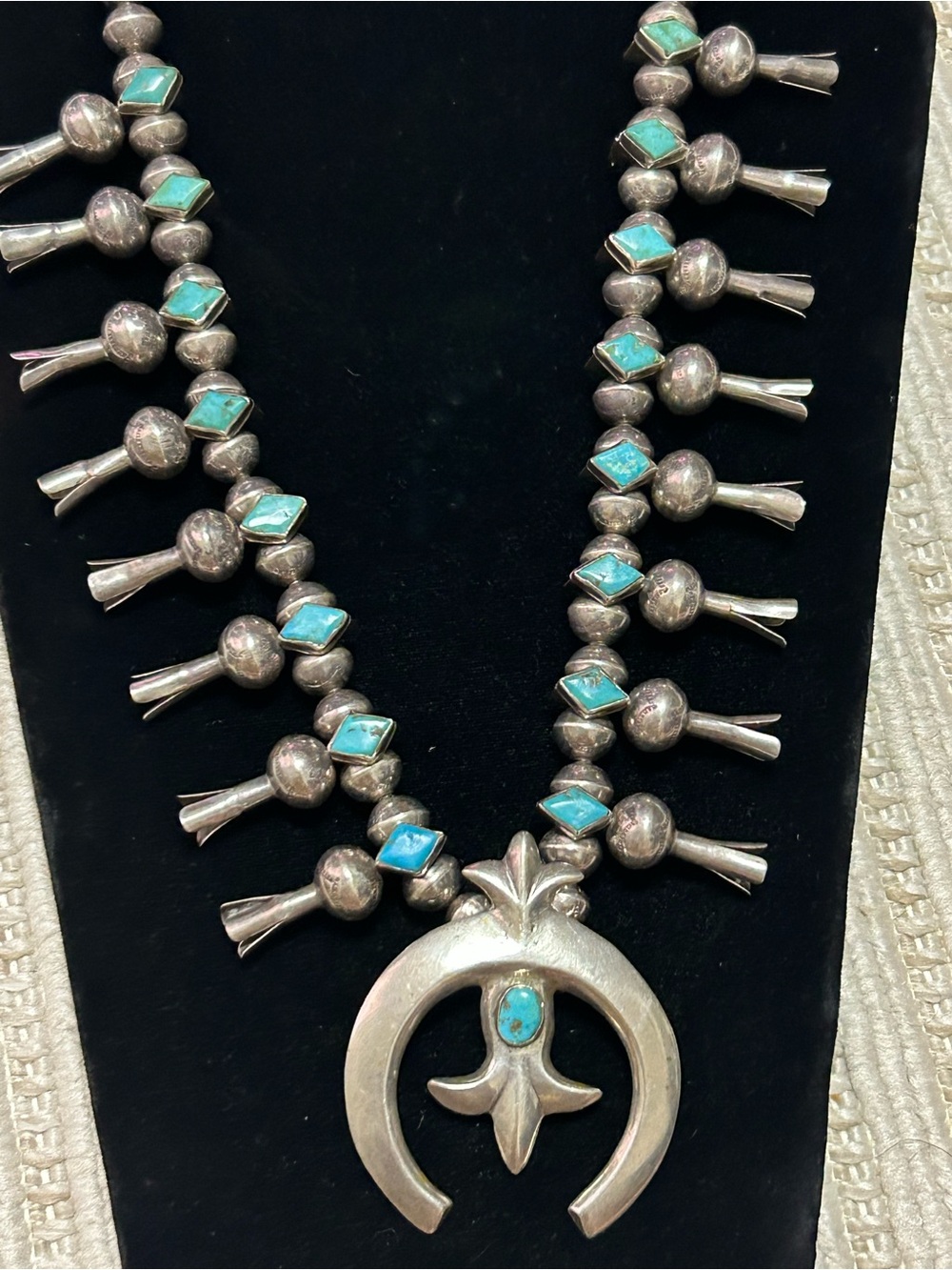 Vintage unisex sterling silver turquoise squash blossoms necklace 24-25” - Picture 6 of 16